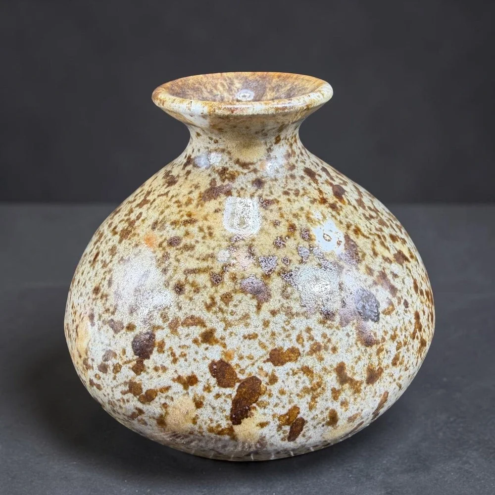 Joan Signed Studio Pottery Bud Vase Speckled Brown Tan Stoneware 3 Inch Small